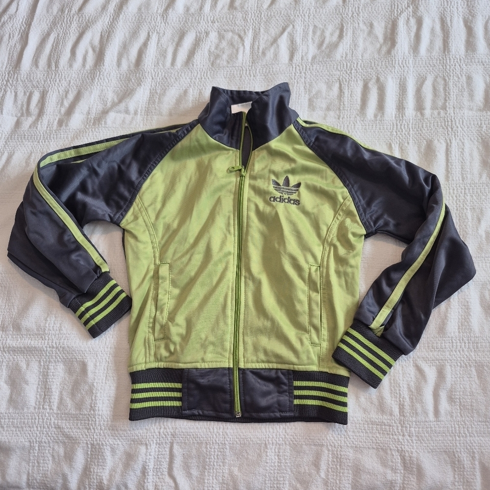 Adidas boys size 6 lime & gray full zip up long sleeve VGUC Unisex